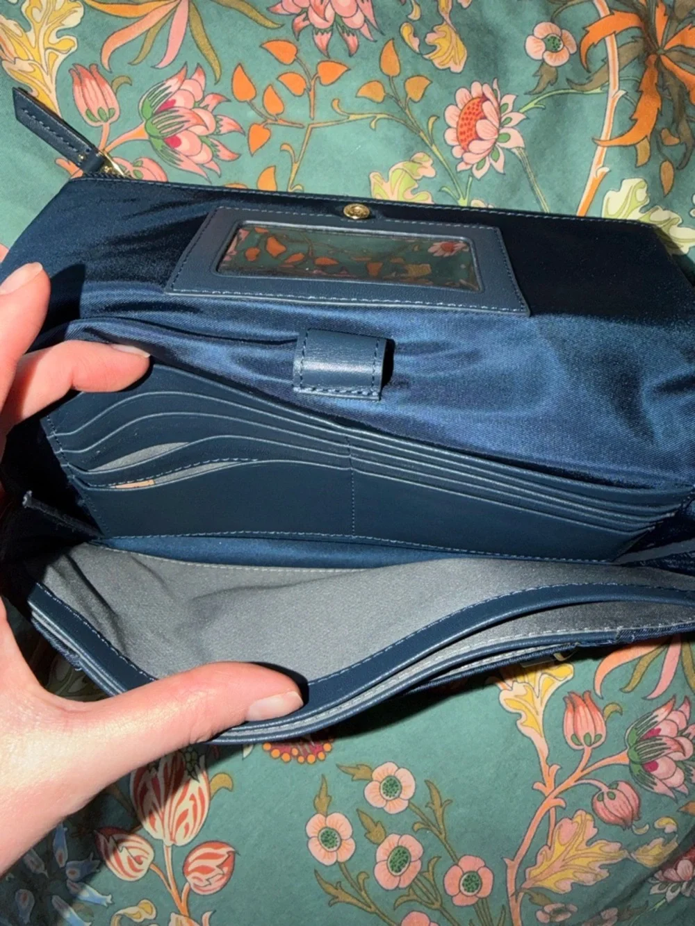 Tumi Navy Fold-Over Wristlet Clutch with Gold Hardware